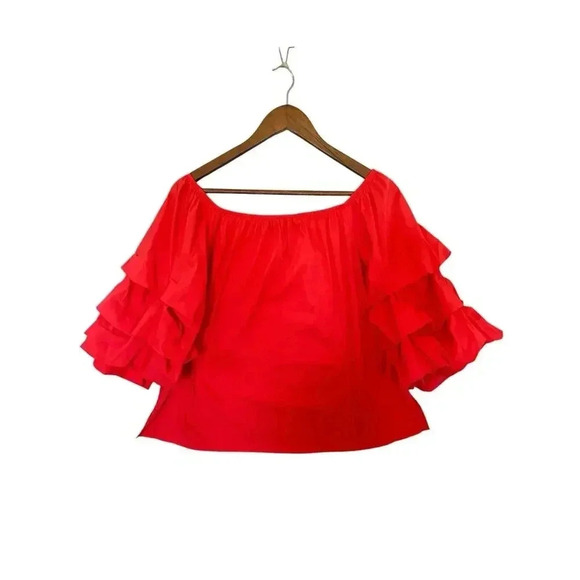 ZARA Top Womens Size M Red Cotton Blend Off The Shoulder Ruffle Sleeve Boho - Picture 1 of 8